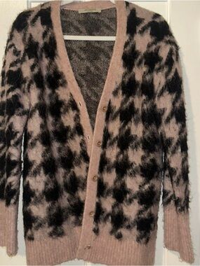 All Saints Pink and Black Fuzzy Houndstooth Cardigan